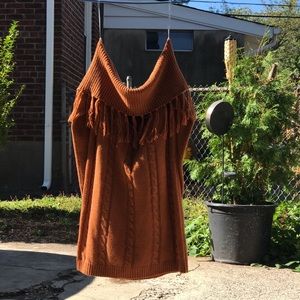 Off the shoulder dress.